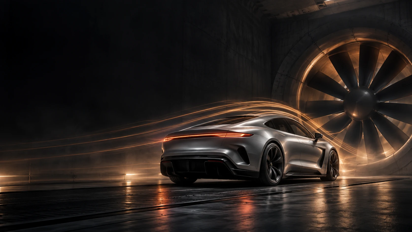 Concept visualization of a silver performance car on a moving-ground belt inside a wind tunnel