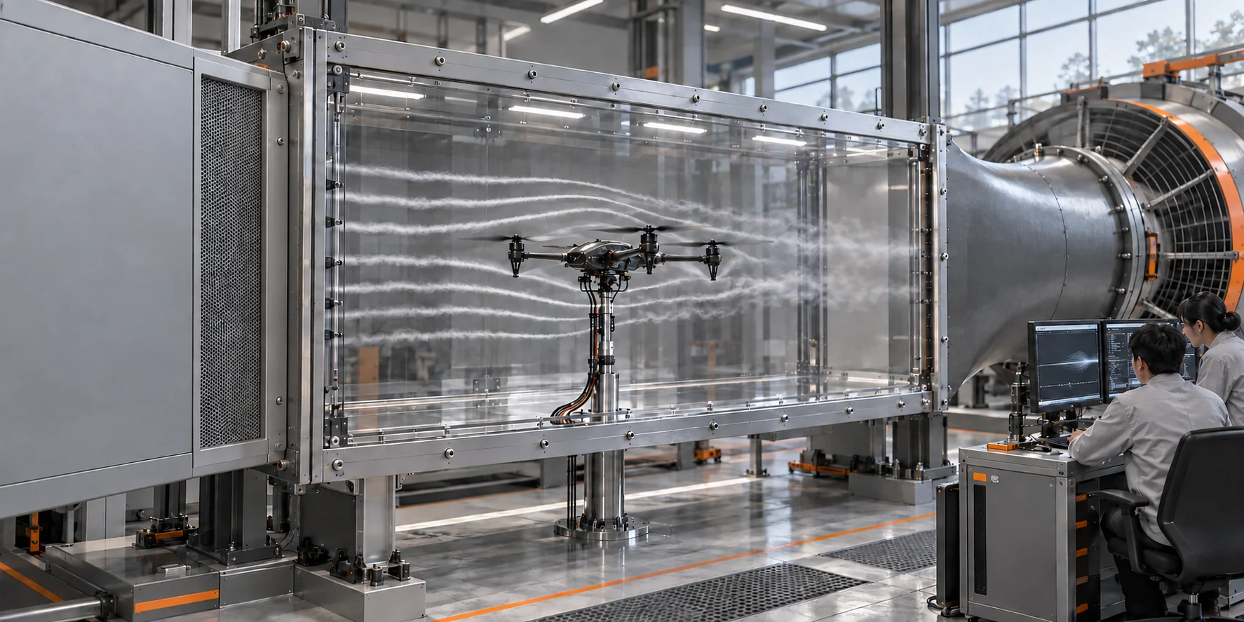 Concept of a drone mounted inside a transparent wind-tunnel test section, with airflow visualization and engineers monitoring from outside